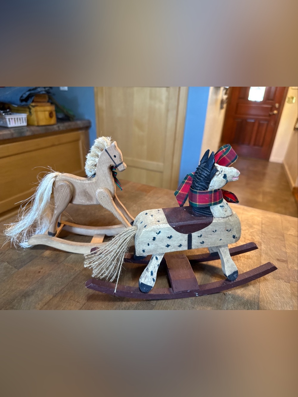 Vintage Folk Art Holiday Handcrafted White and Brown Wooden Rocking Horse set